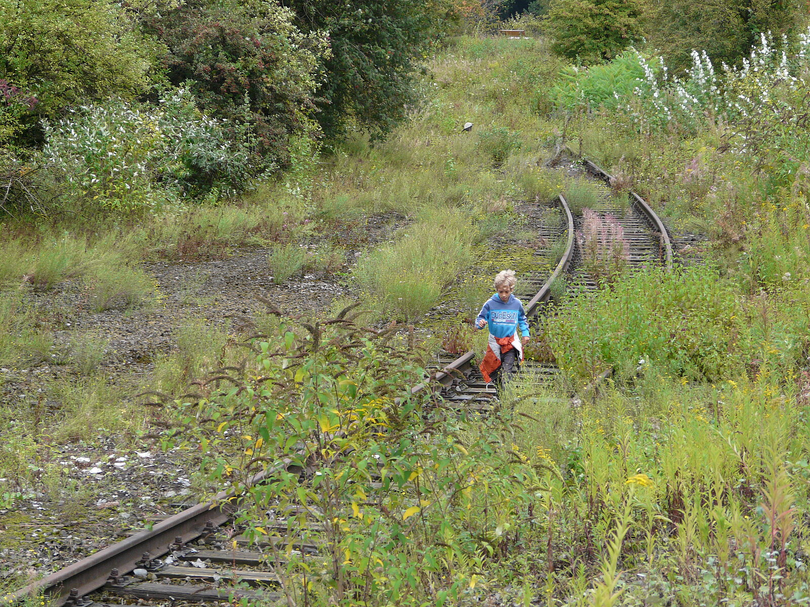 Junge läuft durch zugewachsene Bahngleise
