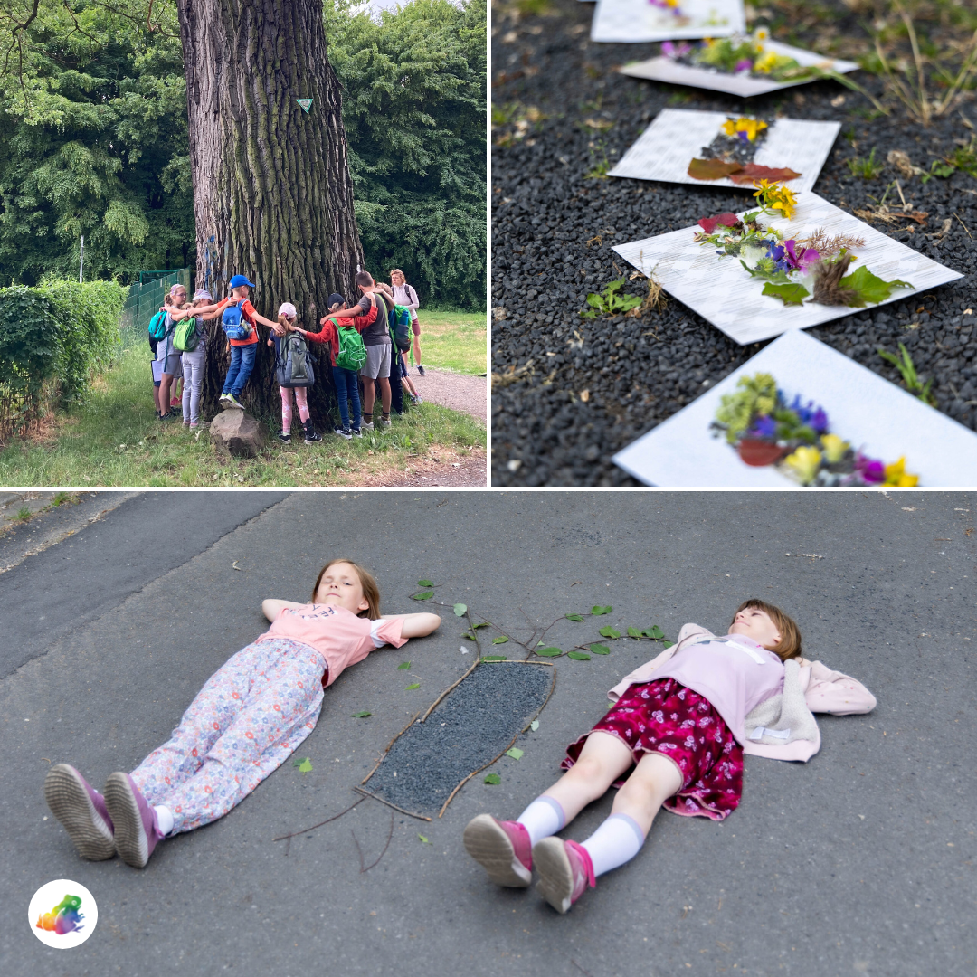 Eine Collage mit spielenden Kindern und gebastelten Postkarten 